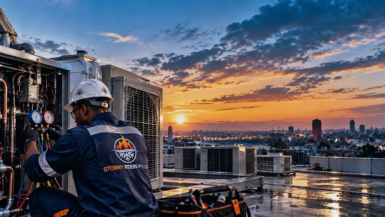 Stormy Riders technician servicing rooftop refrigeration plant at sunset over a city