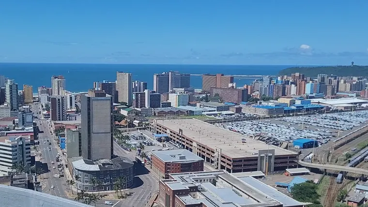 Aerial view of Durban’s commercial district and harbour-side buildings