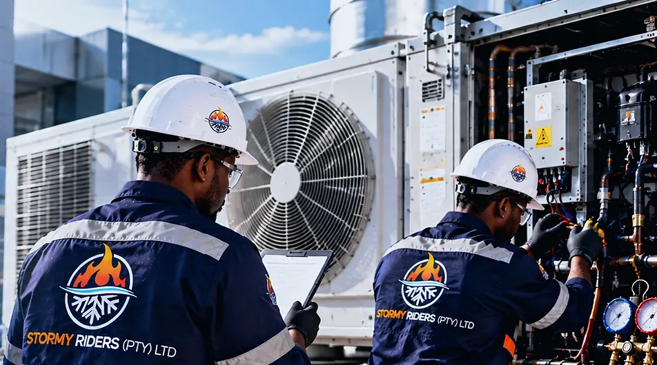 Two Stormy Riders technicians checking a commercial condenser and refrigeration plant