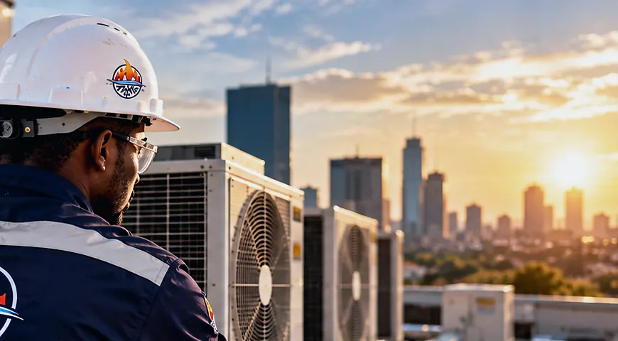 Stormy Riders technician overlooking rooftop condensers and a city skyline at sunset