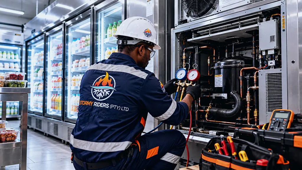 Stormy Riders technician checking refrigeration pressures with gauges beside display fridges