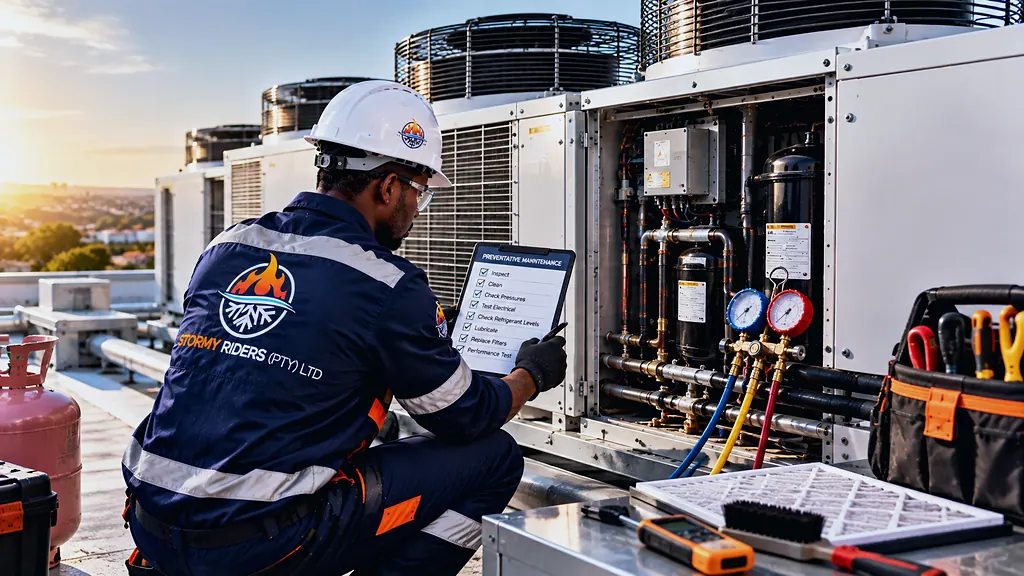 Stormy Riders technician working through a maintenance checklist at rooftop HVAC plant