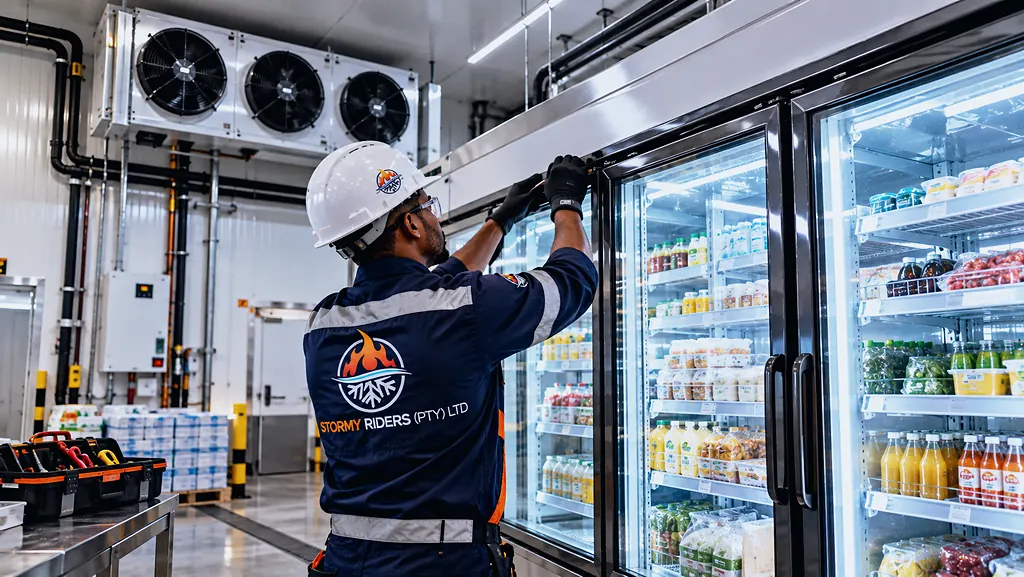 Stormy Riders technician installing glass-door display refrigeration in a cold room