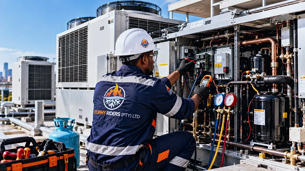 Stormy Riders technician testing a rooftop refrigeration compressor with a multimeter