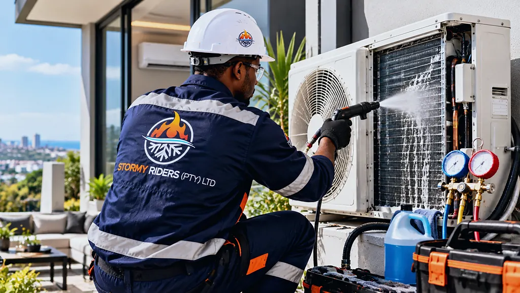 Stormy Riders technician washing the coil of an outdoor air conditioning unit