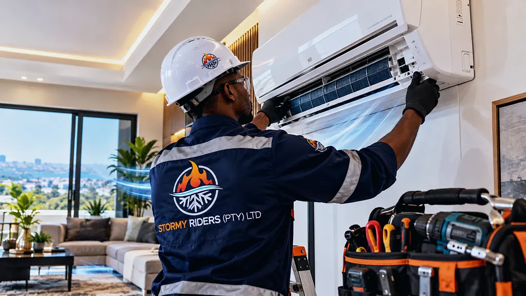 Stormy Riders technician fitting an indoor split air conditioner in a lounge